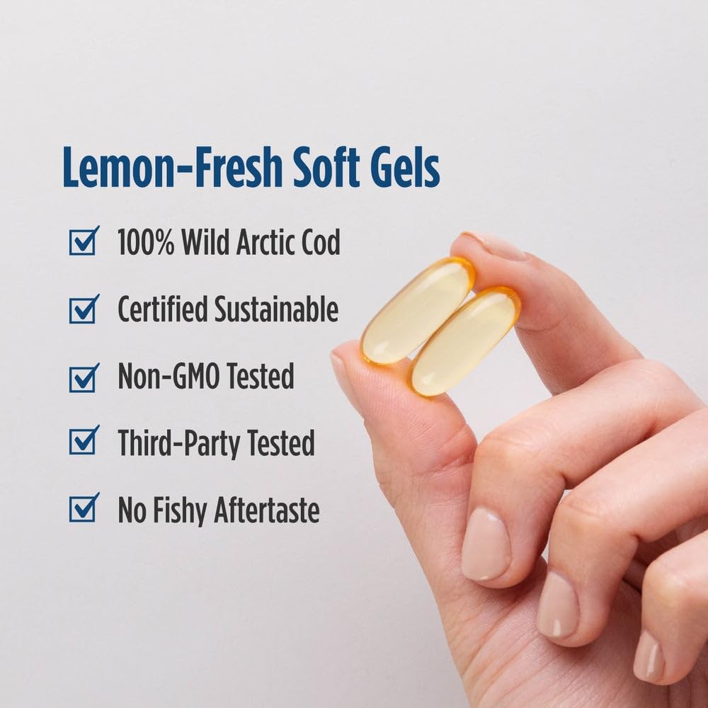 Packshot of 180 soft gels bottle with lemon flavor label