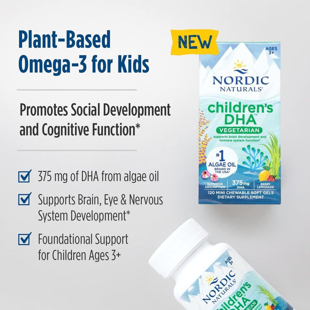Kids DHA vegetarian supplement packaging with 120 soft gels