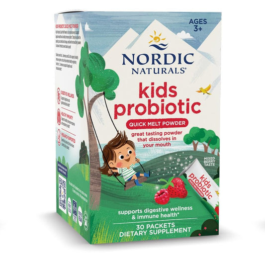 Nordic Naturals Kids Probiotic Quick Melt Powder Mixed Berry packets on a white background