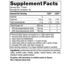 Label showing 300 mg total Omega-3s and 36 servings
