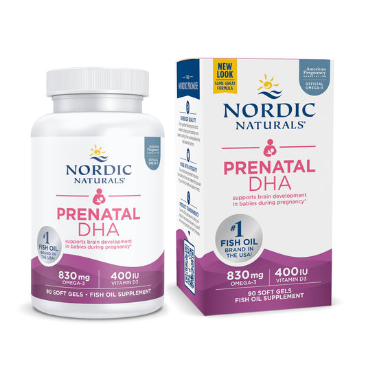 Close-up of Nordic Naturals Pro Prenatal DHA unflavored 90 soft gels label