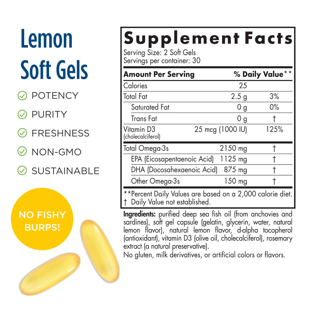 Nordic Naturals ProOmega 2000-D purity seal showing non-GMO, gluten-free, dairy-free attributes.