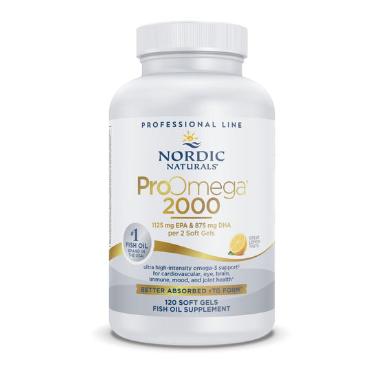 Front view of Nordic Naturals ProOmega 2000 Lemon bottle with 120 soft gels