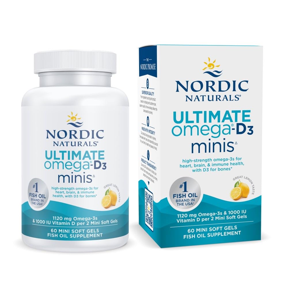 Bottle of Nordic Naturals Ultimate Omega Mini D3 Lemon with 60 mini soft gels