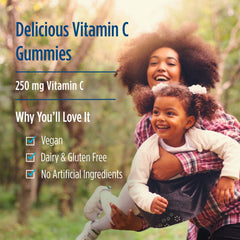 Ingredients panel showing 250 mg vitamin C per serving