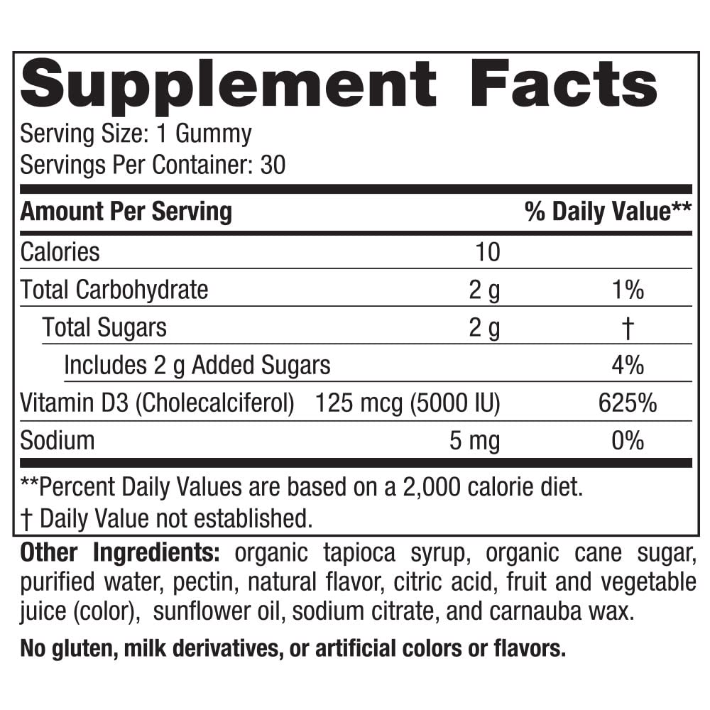 Close-up label of Nordic Naturals Vitamin D3 5000 Gummies Passion Fruit