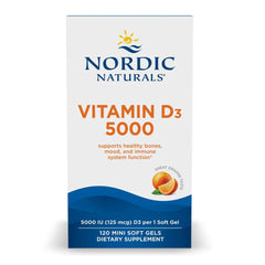 Bottle of Nordic Naturals Vitamin D3 5000 IU Orange Mini Soft Gels