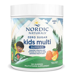 Nordic Naturals Zero Sugar Kids Multi Gummies bottle showing orange-lemon flavor and 120-count
