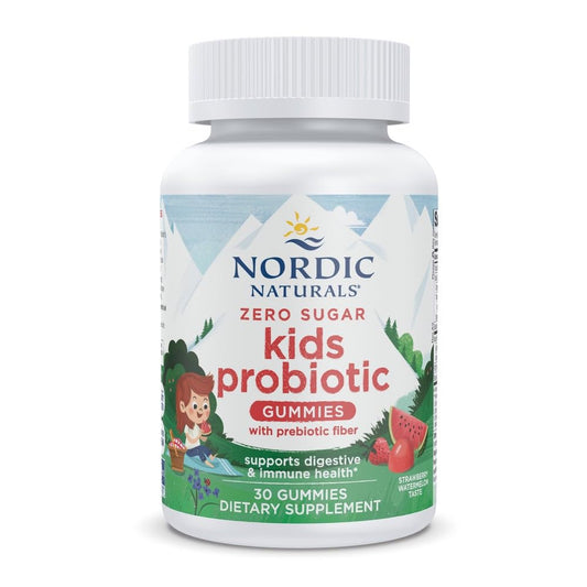 Bottle of Nordic Naturals Zero Sugar Kids Probiotic Gummies with Strawberry Watermelon flavor