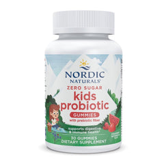 Bottle of Nordic Naturals Zero Sugar Kids Probiotic Gummies with Strawberry Watermelon flavor