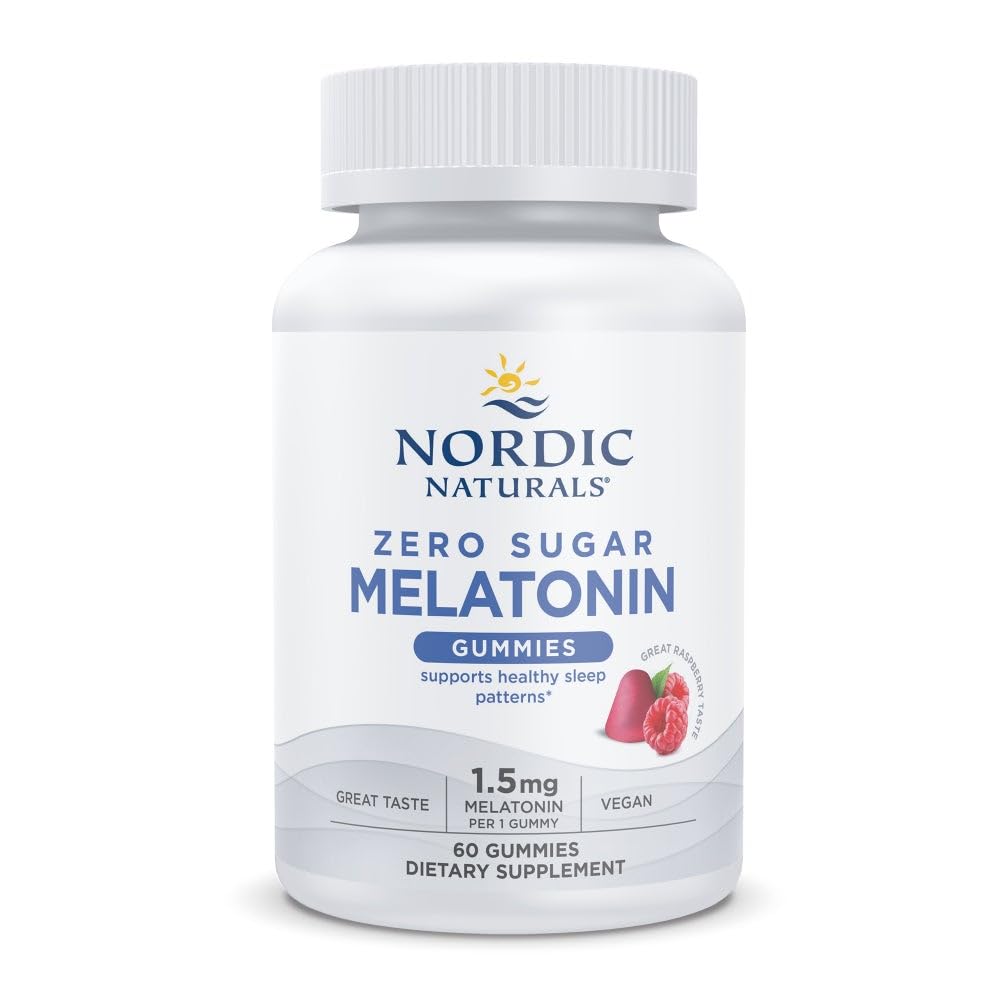 Bottle of Nordic Naturals Zero Sugar Melatonin Gummies Raspberry with 60 gummies and 1.5 mg per gummy