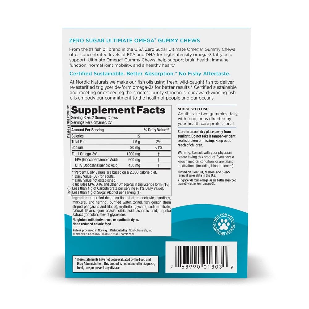 Nordic Naturals Zero Sugar Omega Gummies close-up reveals tropical fruit flavor and chewy texture.
