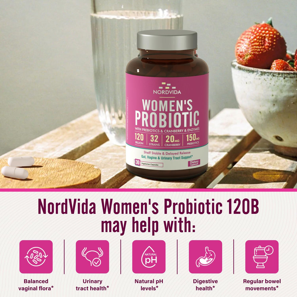Ingredient panel featuring cranberry extract, prebiotics, and digestive enzymes