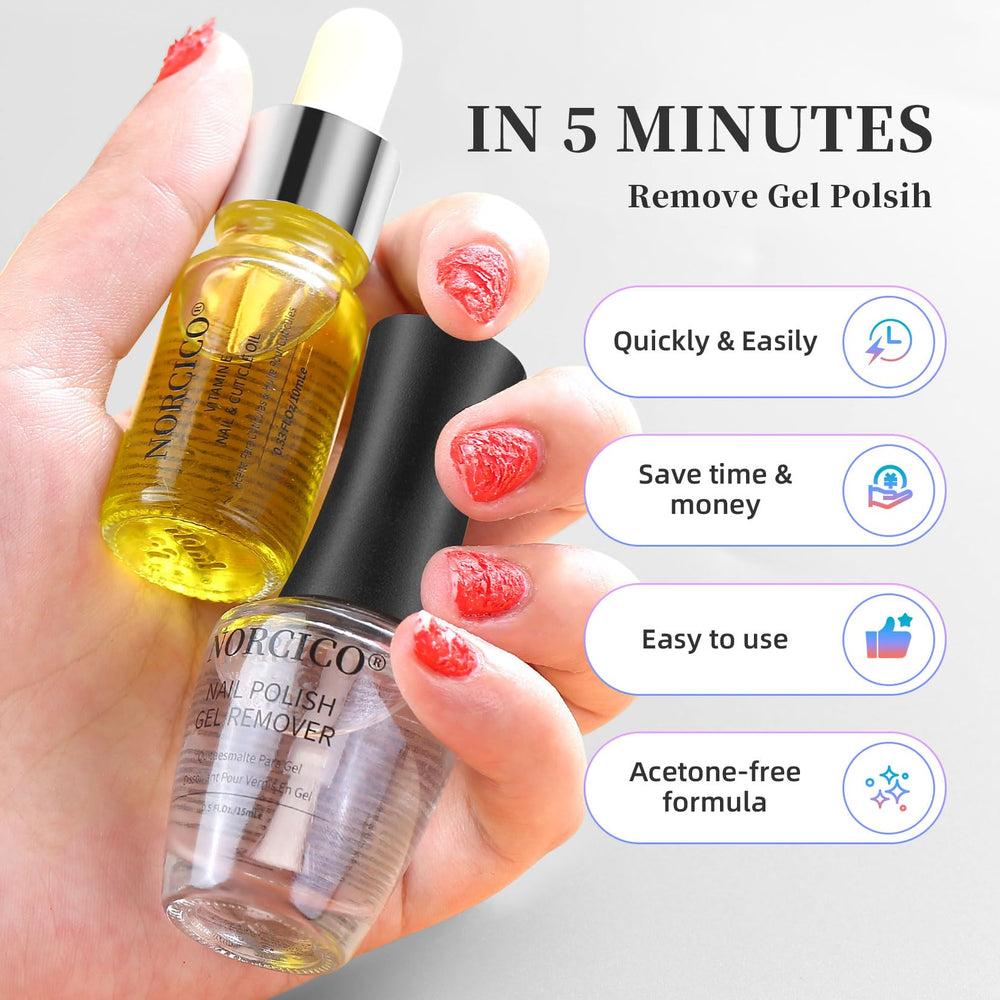 NORCICO cuticle oil bottle closeup highlights vitamin E and jojoba benefits.