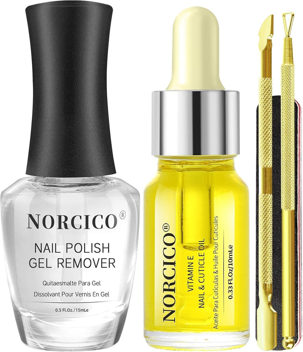 NORCICO gel polish remover bottle pour demonstrates quick 2-5 minute removal.