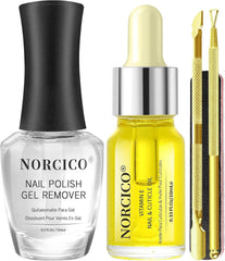 NORCICO gel polish remover bottle pour demonstrates quick 2-5 minute removal.