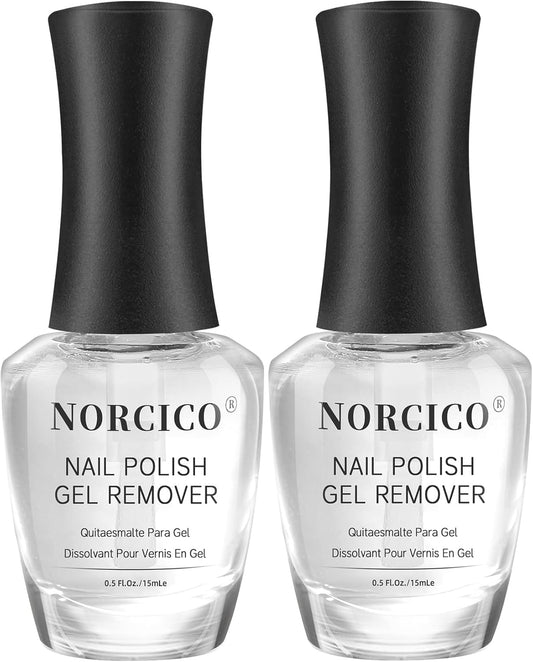 Norico gel polish remover bottle highlighting low odor formula for home use.