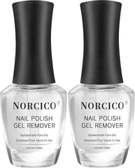 Norico gel polish remover bottle highlighting low odor formula for home use.