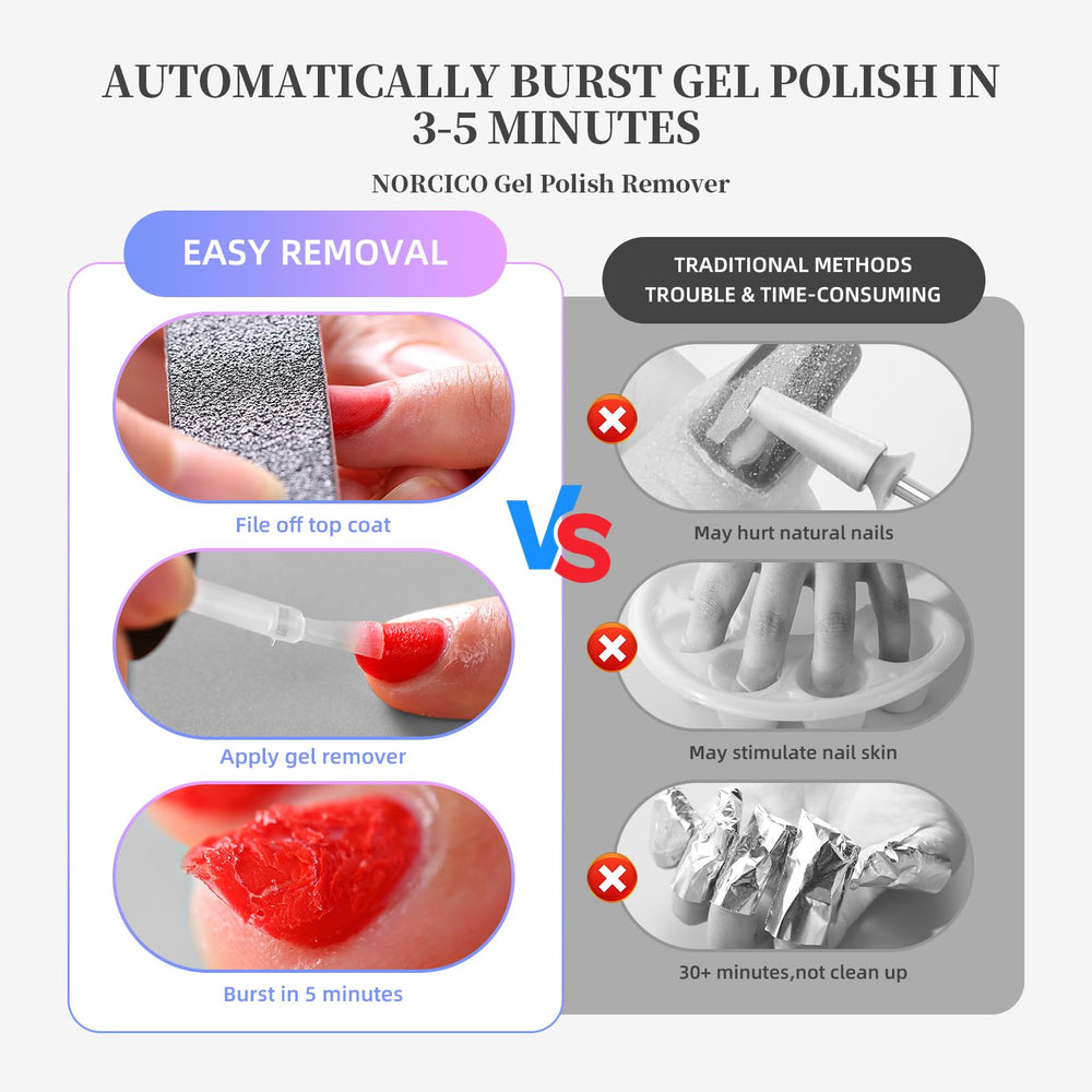 Gently scraping lifted gel with Norico remover for a clean finish.