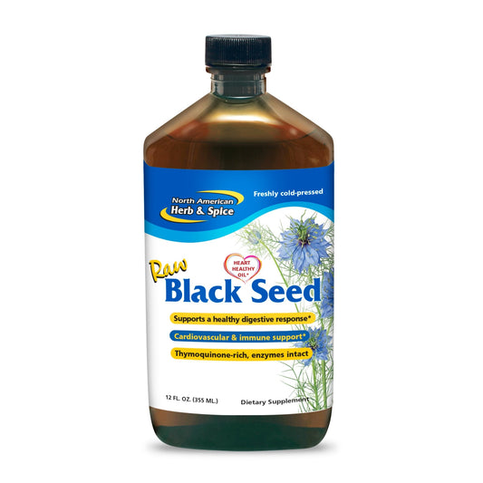 Front view of North American Herb & Spice Black Seed Oil bottle 12 oz