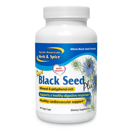 Front view of North American Herb and Spice Black Seed Plus bottle