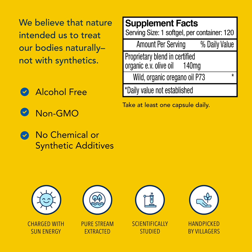 North American Herb & Spice Oreganol P73 ingredients list featuring wild oregano oil and organic olive oil.