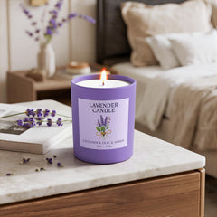 Hand-poured lavender candle showing natural soy wax