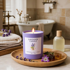 Elegant lavender-themed gift packaging for NORVENCE candle