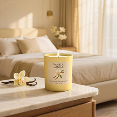 Elegant pale yellow glass jar with bamboo lid on a wooden surface