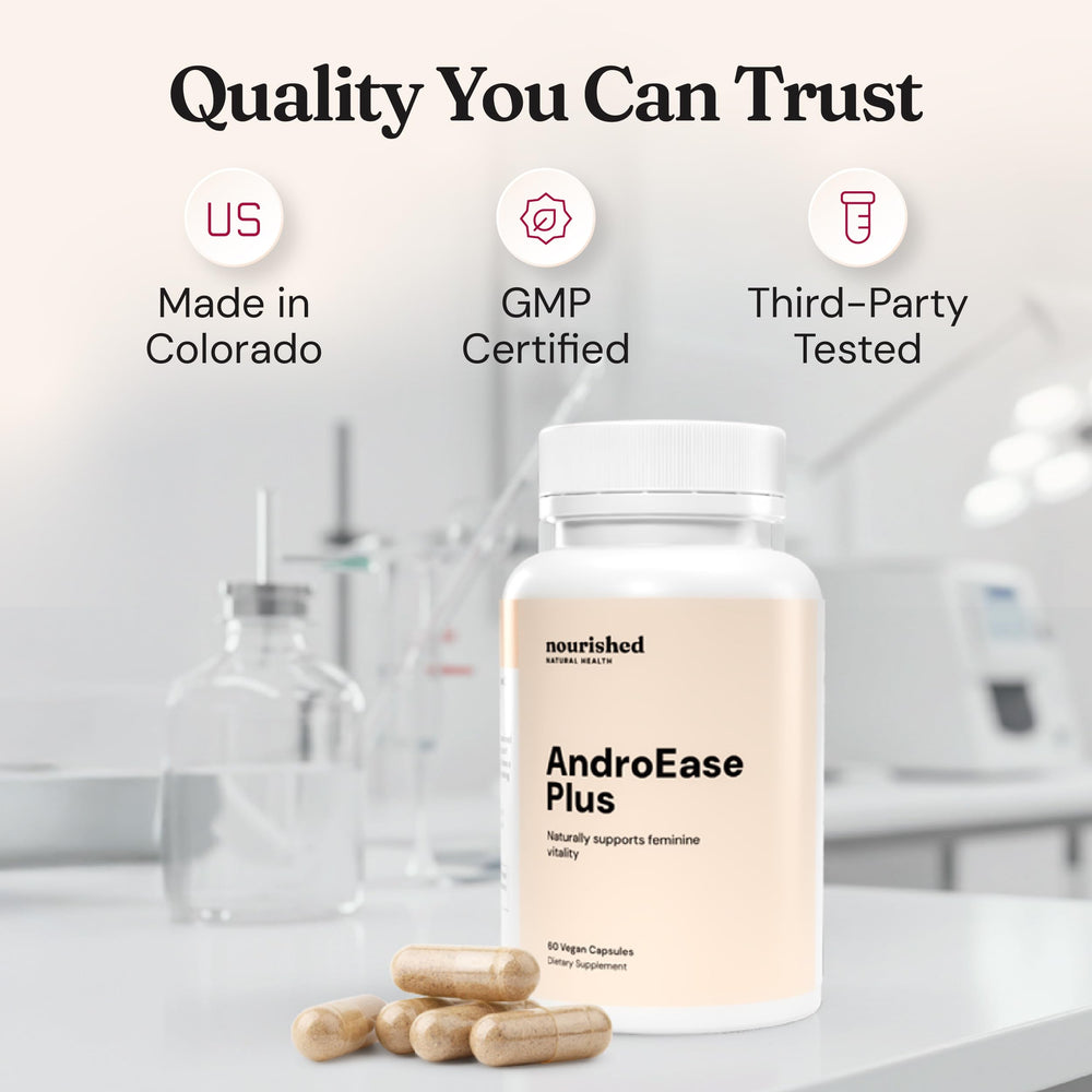 Nourished AndroEase Plus vegan-symbol confirming dairy-free status