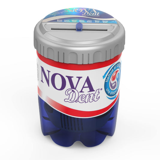 Novadent Soaking Bath Cleaning Container with Day Reminder lid on a bathroom counter
