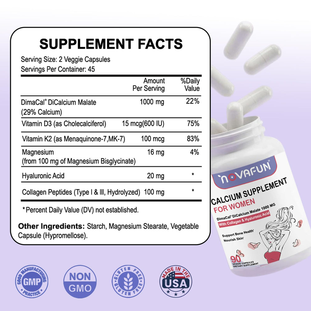 Ingredients: dicalcium malate with vitamin D3, vitamin K2, magnesium, collagen and hyaluronic acid