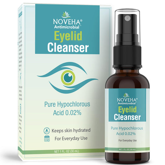 NOVEHA Eyelid Cleanser bottle front shows gentle eyelid cleansing.
