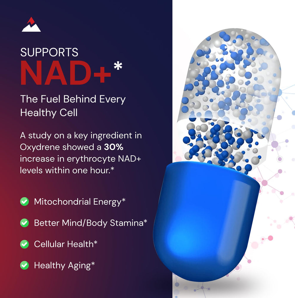 Novex Biotech Oxydrene NAD+ Enhancer packaging with glass of water for quick intake