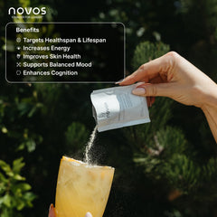 Close-up of unflavored powder sachet for NOVOS Core Longevity Mix