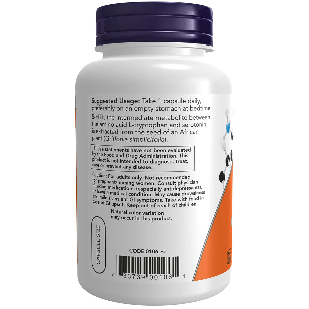 NOW Foods 5-HTP 100 mg vegan capsules bottle label close-up