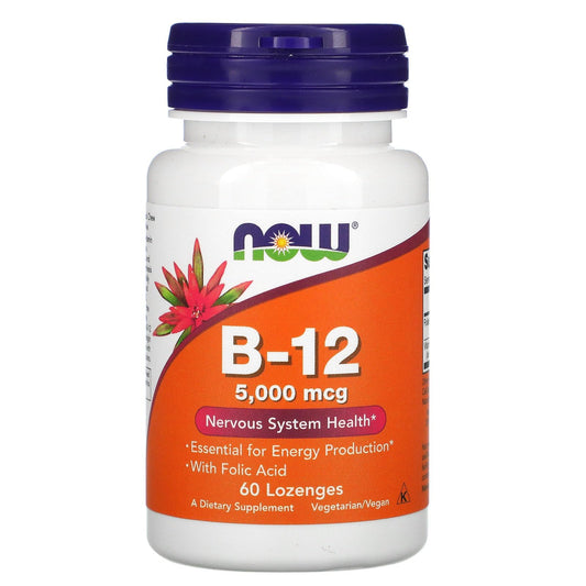 NOW B-12 5,000 mcg Methyl B-12 Lozenges bottle and label