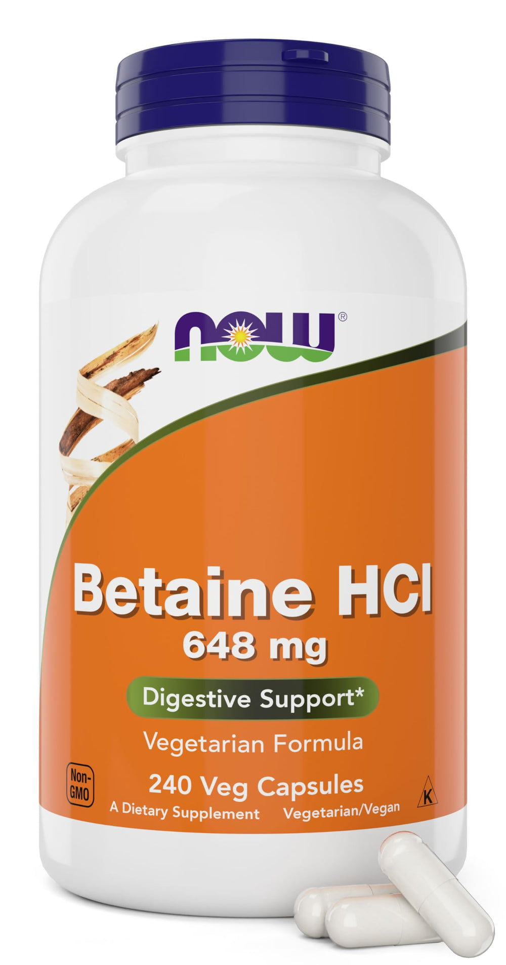 NOW Foods Betaine HCl 648 mg bottle label