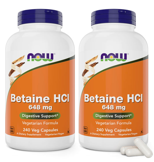 NOW Betaine HCl 648 mg vegetarian capsules bottle label