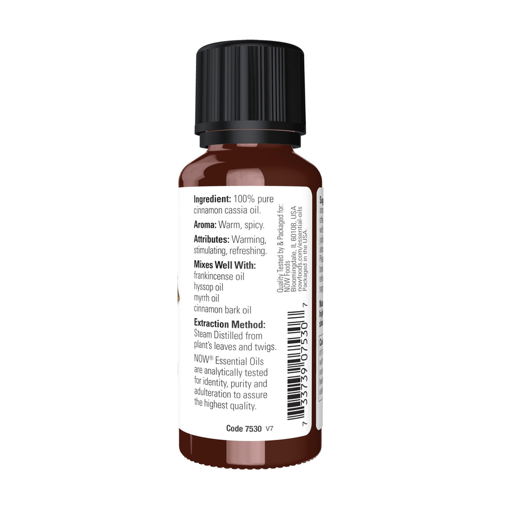 Close-up of NOW Cinnamon Cassia oil bottle label