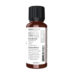 Close-up of NOW Cinnamon Cassia oil bottle label