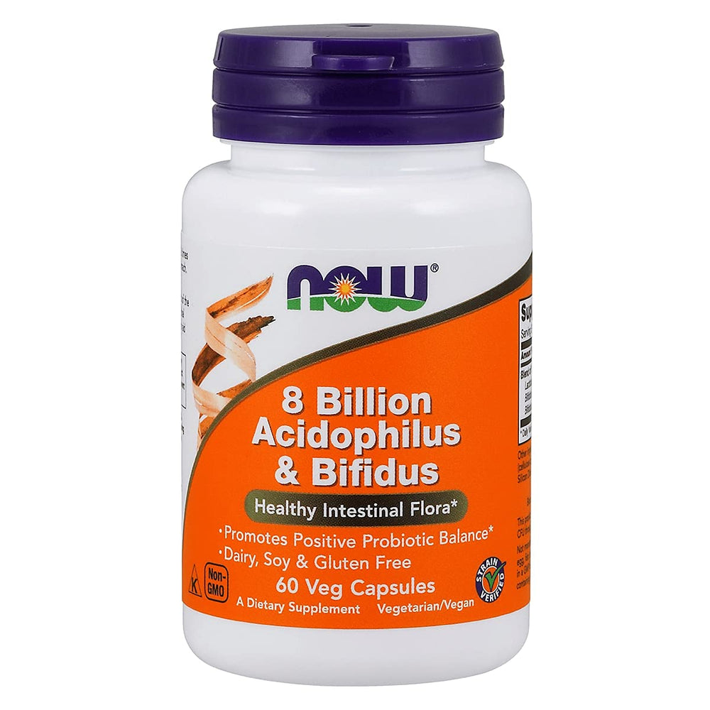 Now Foods 8 Billion Acidophilus & Bifidus probiotic bottle with 60 veggie capsules (hero image)