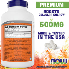 Close-up of Now Foods Acetyl L-Carnitine 500mg capsules in bottle
