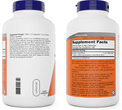 Supplement facts and label on Acetyl-L-Carnitine bottle