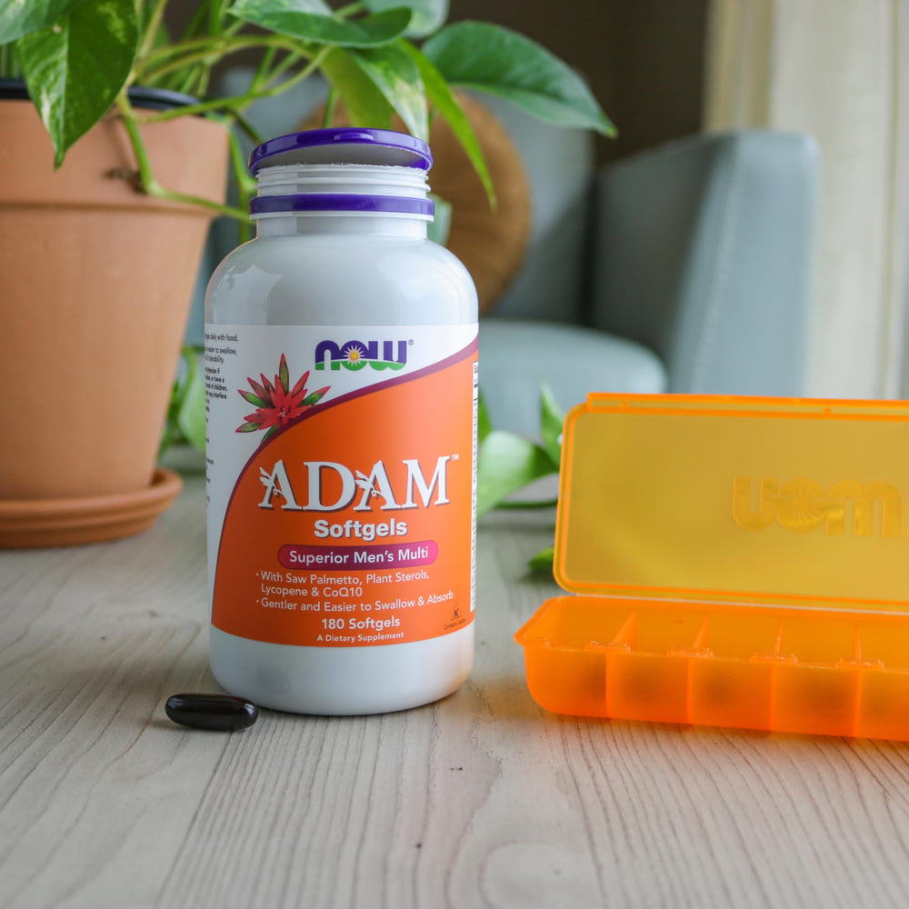 NOW Foods ADAM packaging shows GMP and USA-made claim.