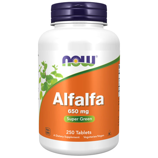 NOW Foods Alfalfa 650 mg bottle and label