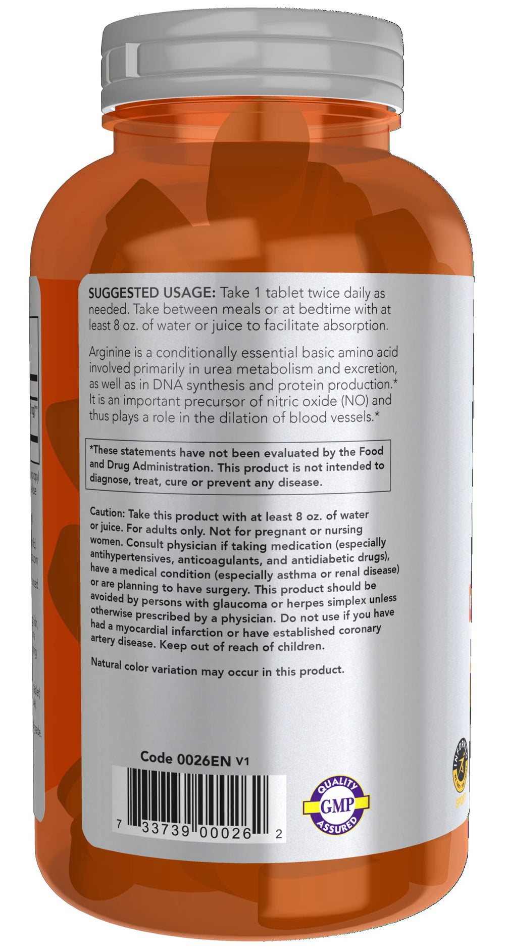Back of bottle with dosage information – NOW Foods L-Arginine
