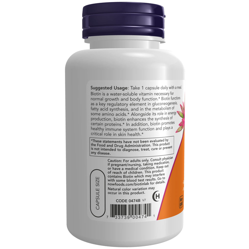 NOW Foods Biotin 5000 mcg capsules bottle side view