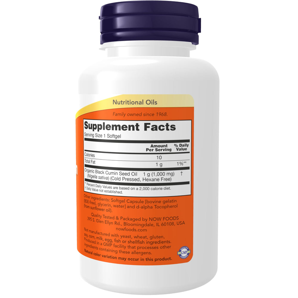 NOW Foods Black Cumin Seed Oil softgels and bottle
