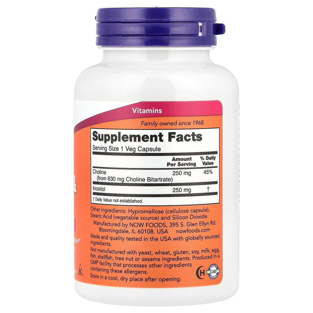 Supplement facts panel for Now Foods Choline & Inositol 500 mg